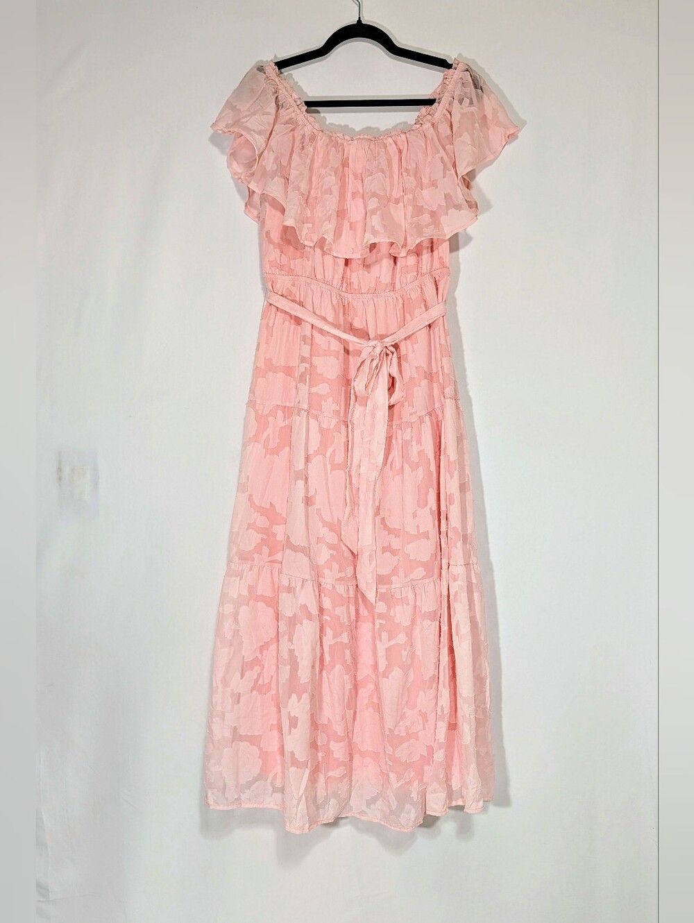 Pinup Fashion 16W Pink Floral Off Shoulder Ruffle Maxi Dress Belted